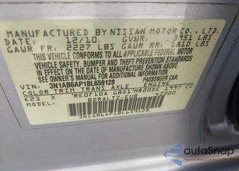 2011 Nissan Sentra 2.0Sr из США, поврежденный, VIN 3N1AB6AP1BL659128